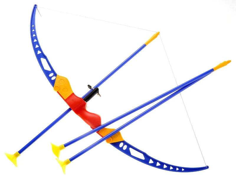 Complete kids’ bow and arrow toy set featuring a colorful bow and three blue arrows with suction cup tips