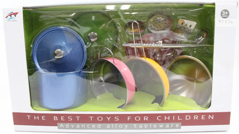 Boxed alloy tableware toy set for children aged 3+, featuring pots, pans, and utensils for imaginative kitchen play.