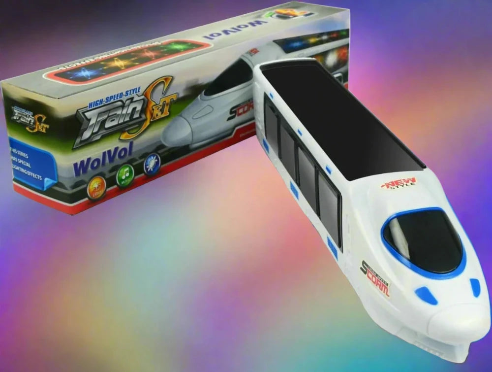 Electric train toy in original packaging featuring high-speed style with lighting effects.