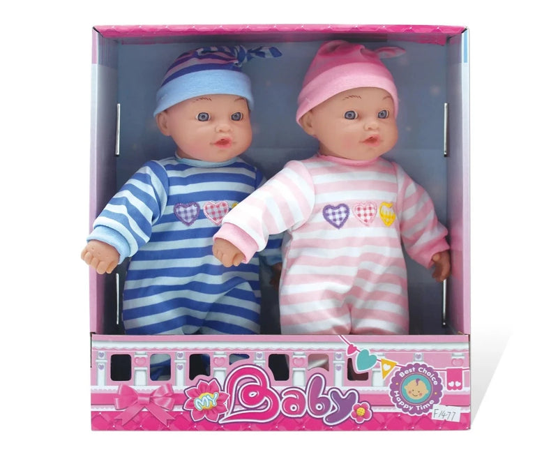 Boxed set of twin baby dolls dressed in blue and pink striped outfits - realistic twin baby dolls for kids