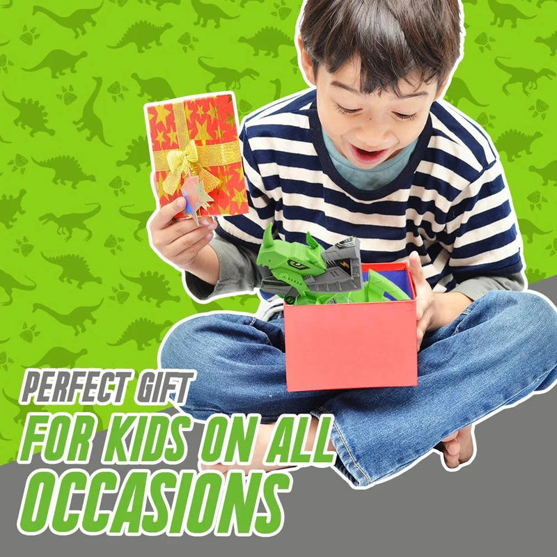  Happy boy opening a gift box containing the Triceratops Dinosaur Carrier Set, ideal for all occasions.