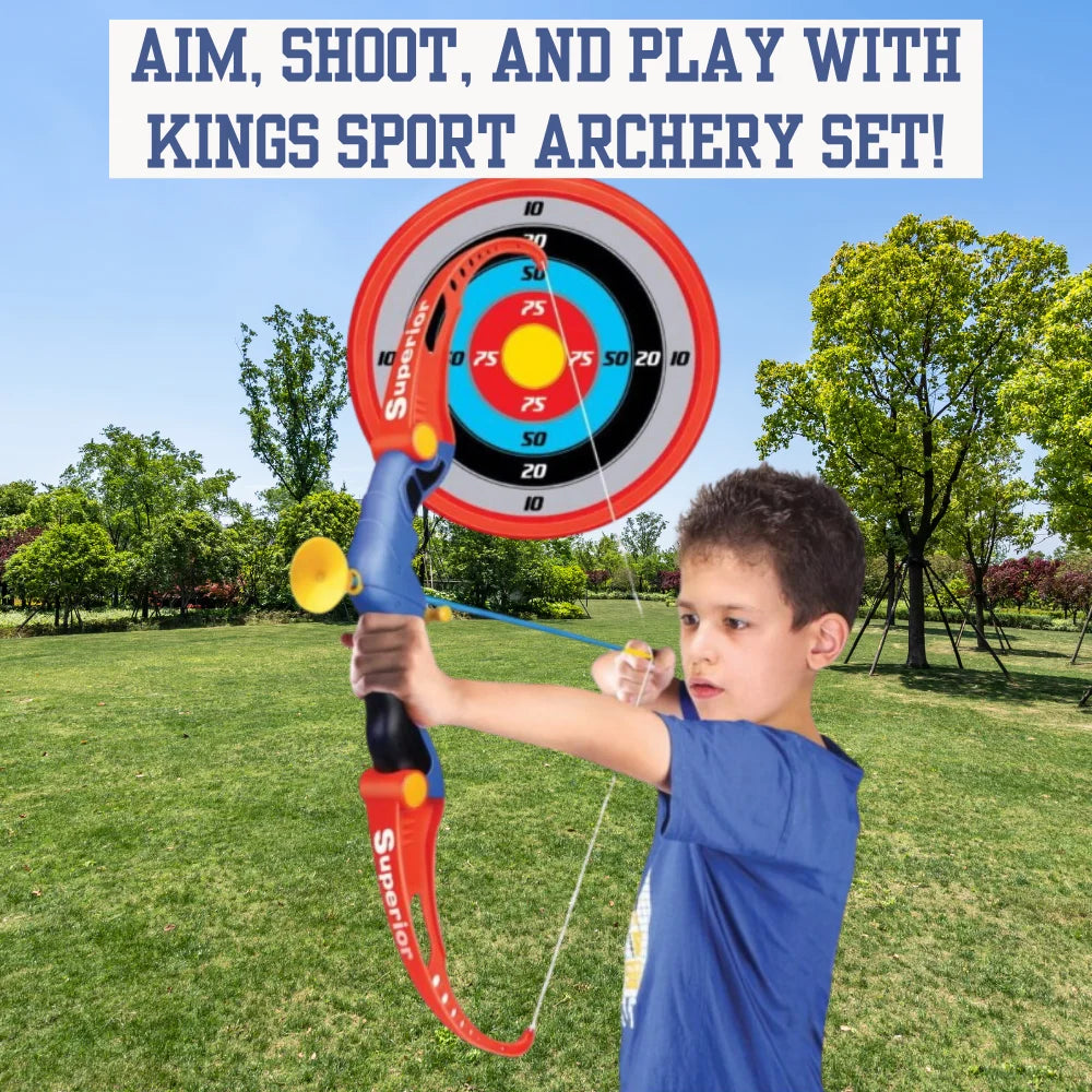  Young boy aiming with a kids' bow and arrow set for archery fun.