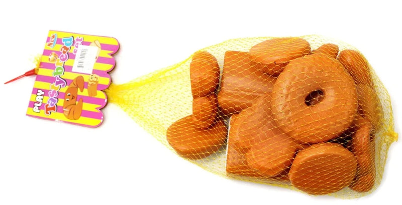Bread toy set in mesh bag, featuring assorted toy bread pieces ideal for toddlers and babies' playtime.