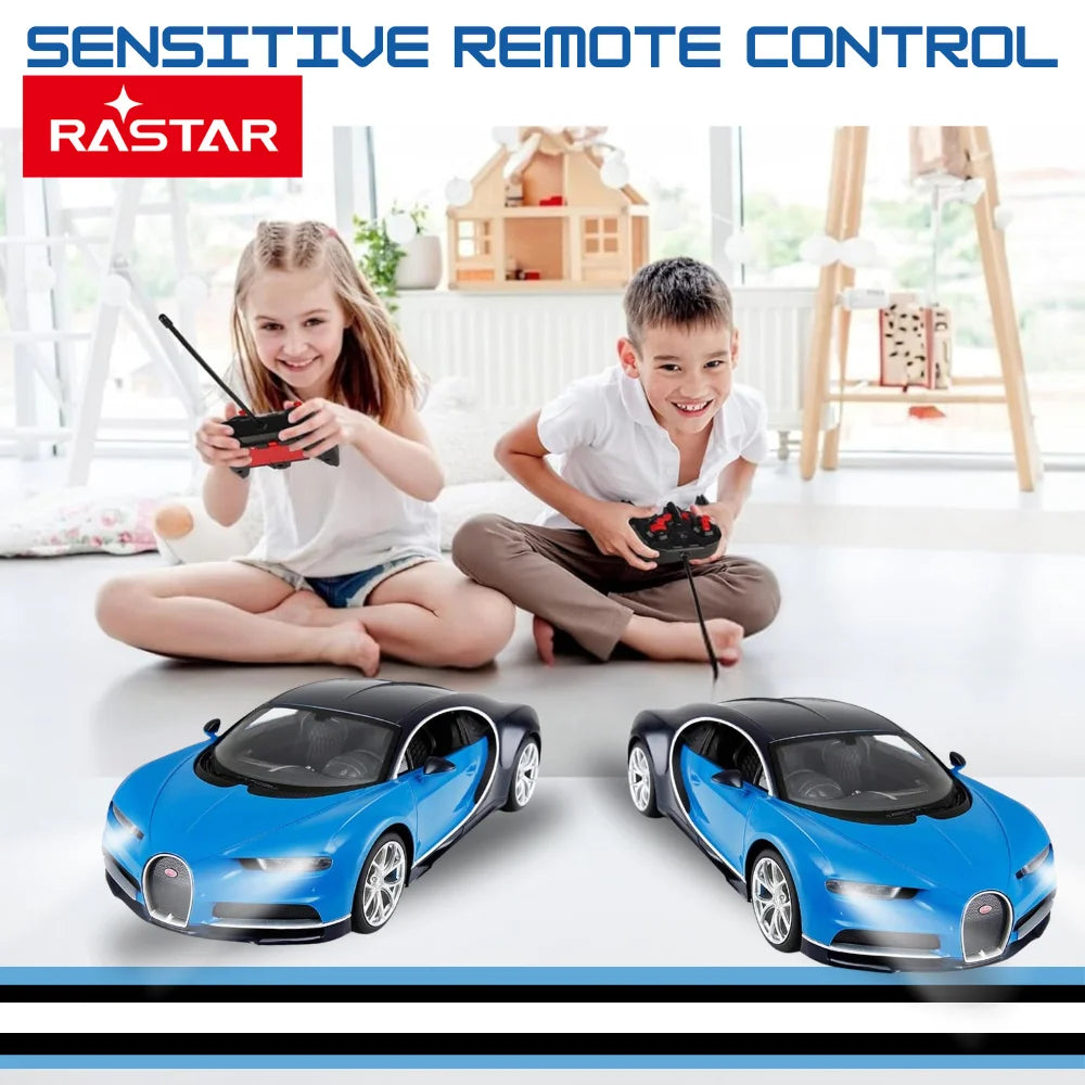 Children playing with Bugatti Chiron RC Car showcasing sensitive remote control .