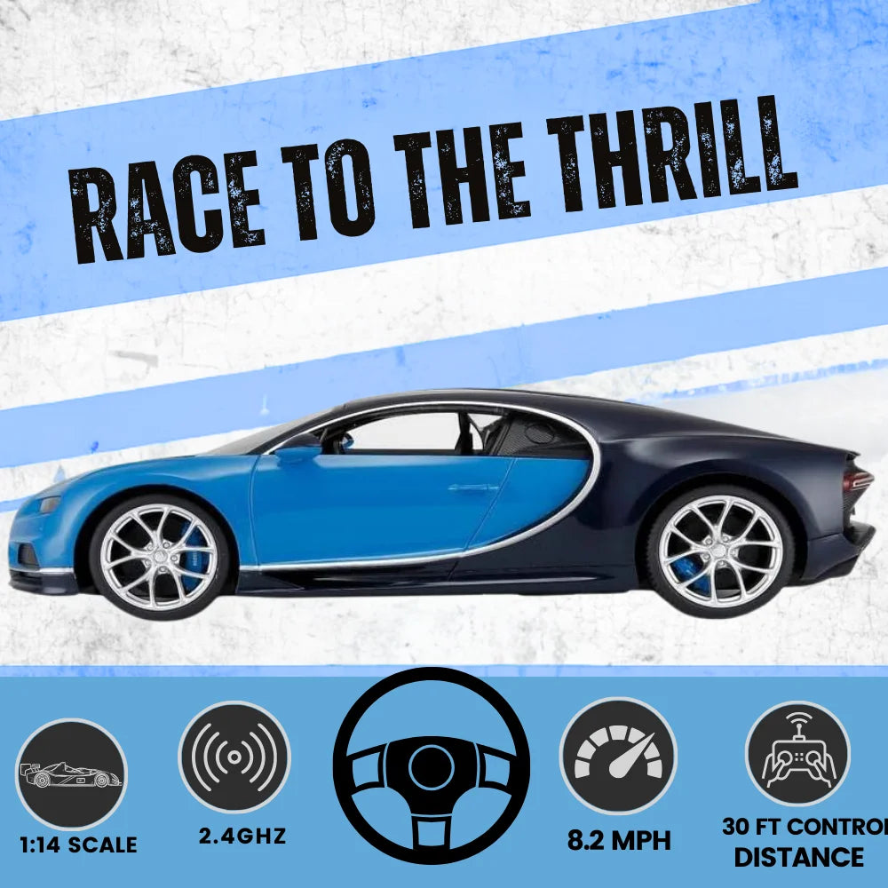 Side view of Bugatti Chiron RC Car in racing pose with 2.4GHz control and 30 ft range