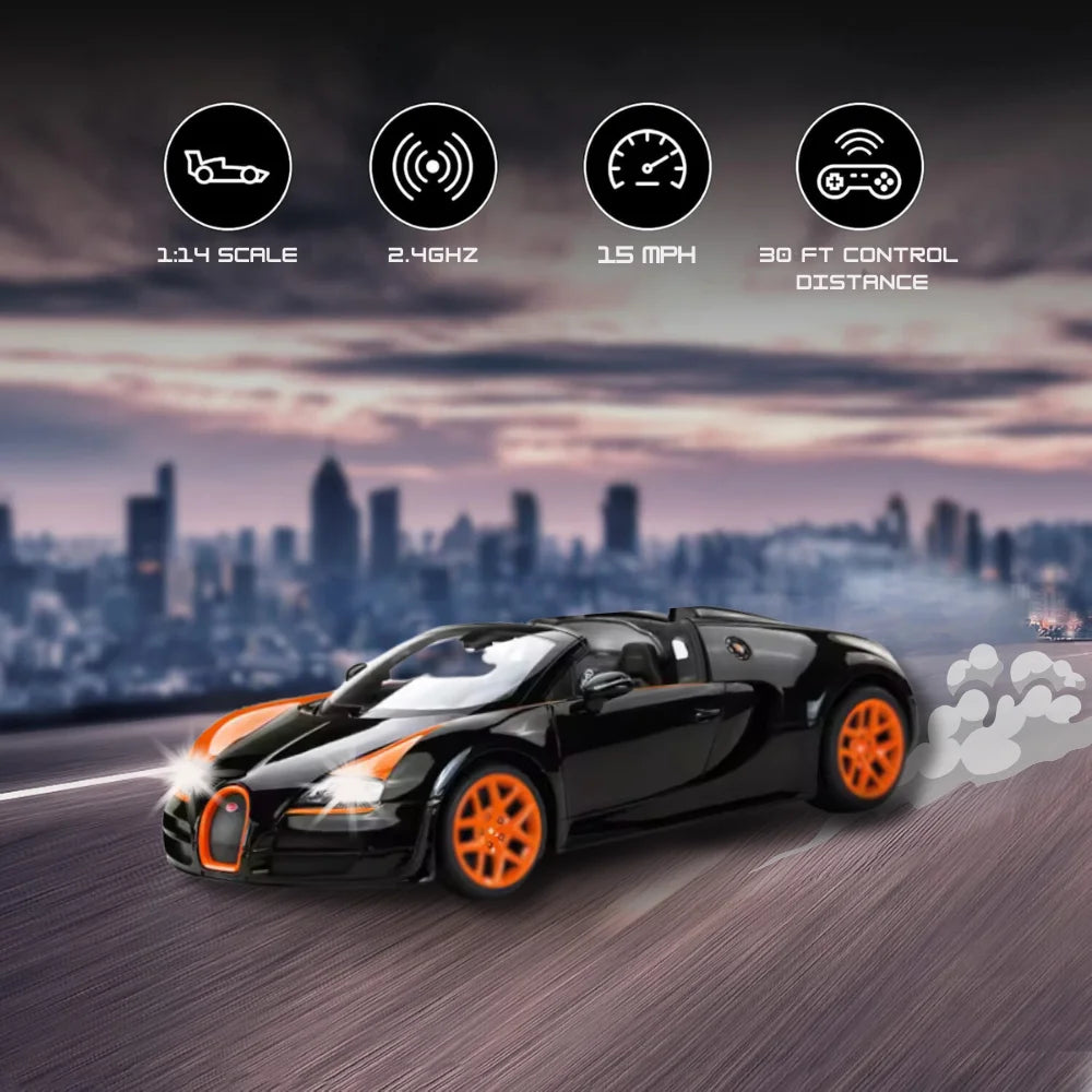 RC Bugatti racing on a track, with 1:14 scale, 2.4GHz frequency, and 30-ft control distance for high-speed adventures.