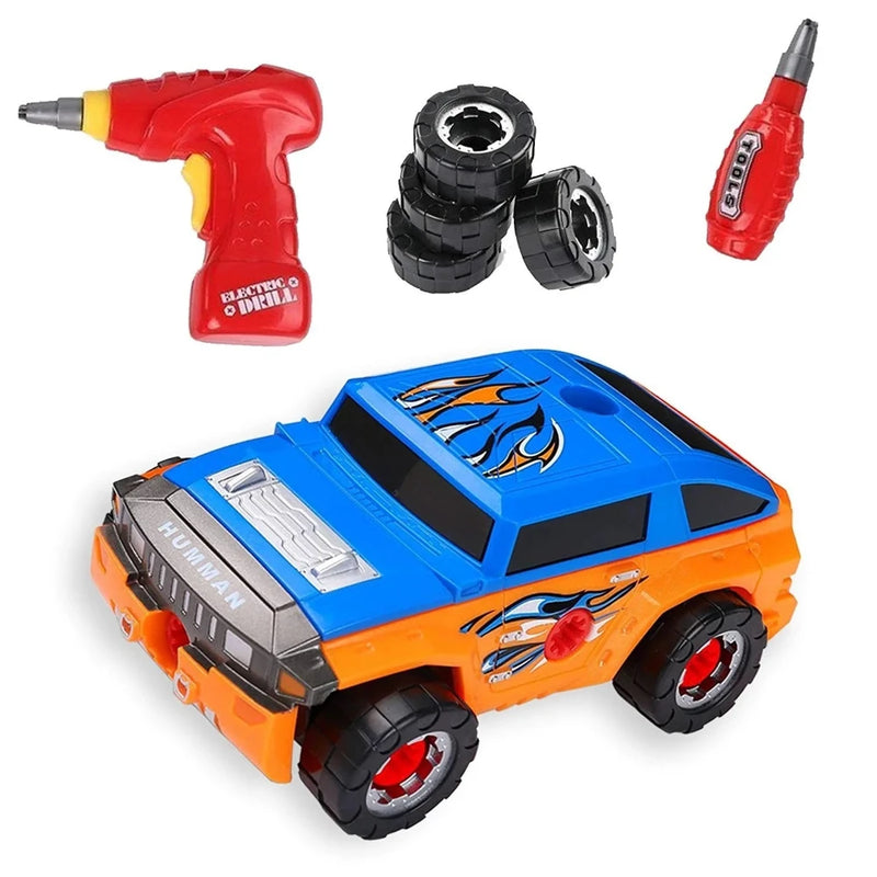 Build toy car kit with electric drill and extra tires for kids assembly play
