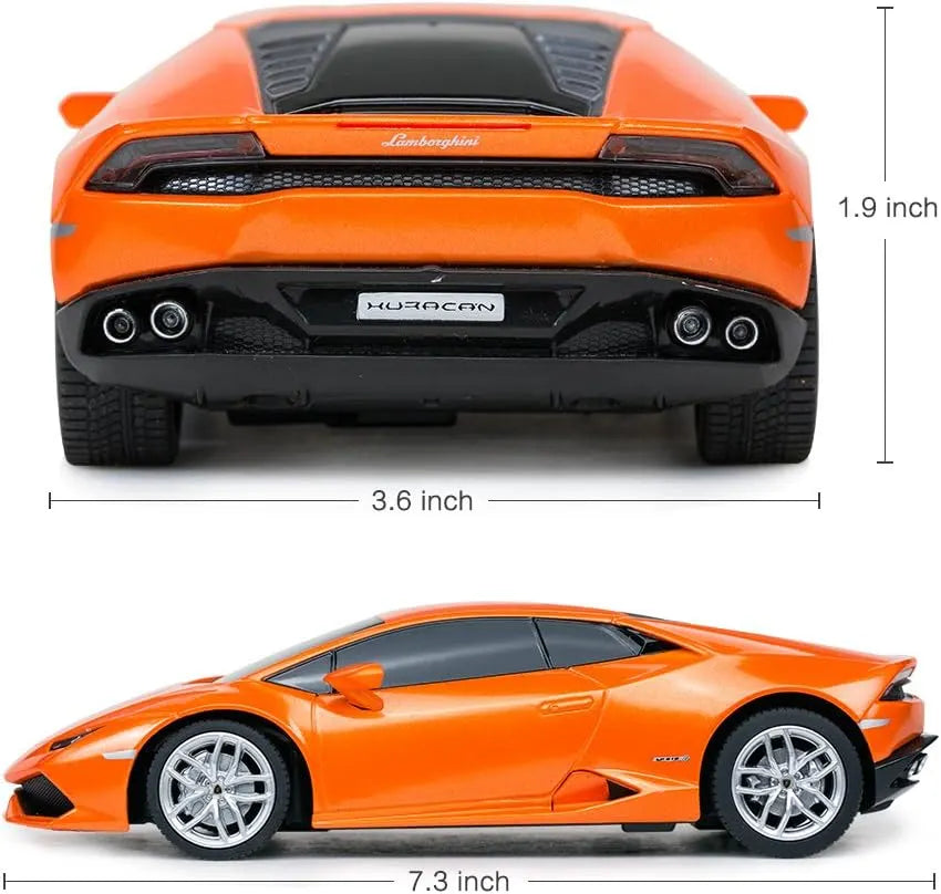 Orange Lamborghini model car with dimensions on a white background