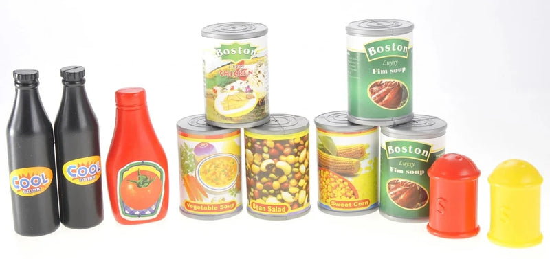 Realistic play food set with canned goods and bottled items for pretend play kitchens.
