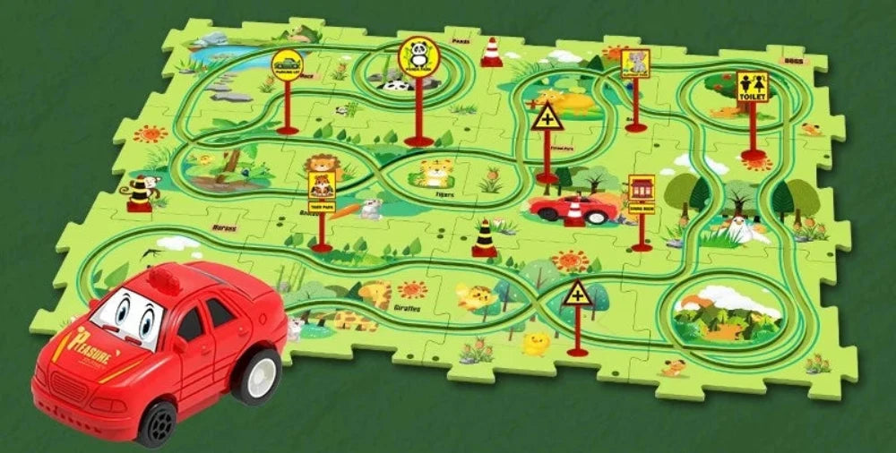 Car and road sign puzzle set with vibrant animal graphics and puzzle pieces for children's playtime