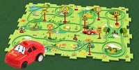 Car and road sign puzzle set with vibrant animal graphics and puzzle pieces for children's playtime