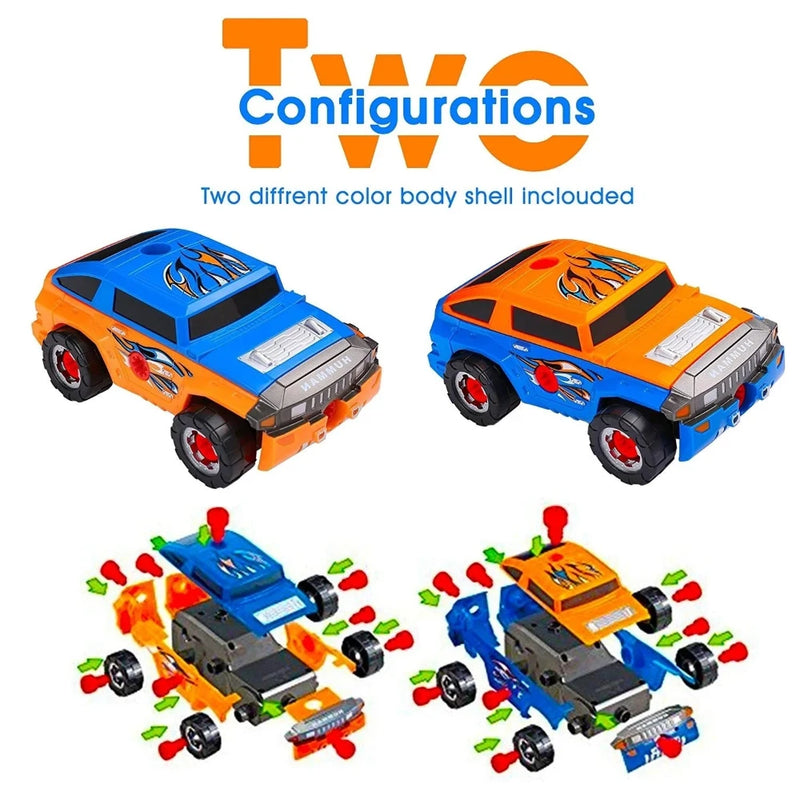 Car building kits for toddlers featuring two color configurations and assembly options