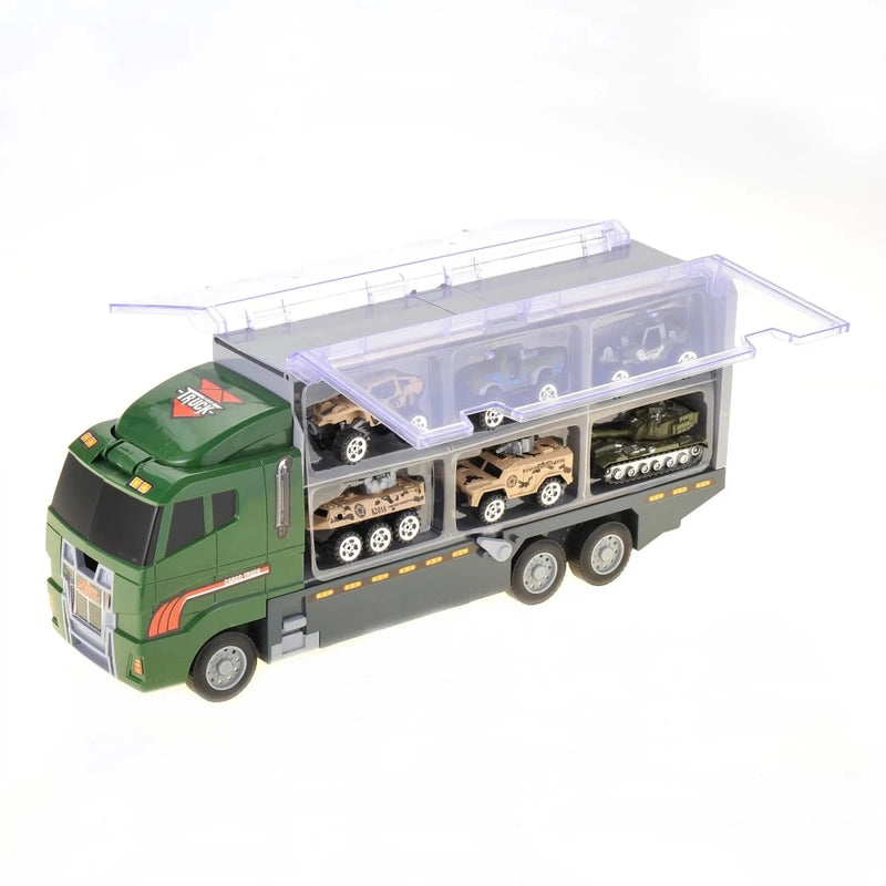 Dimensions of car carrier truck toy showing length, width, and height measurements