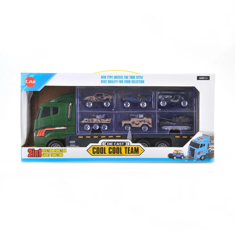 Car carrier truck toy packaging with multiple toy transport trucks included for kids' play.