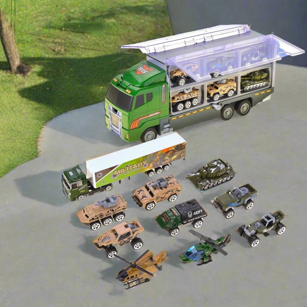 10 in 1 Car Carrier Truck Toy – Military Vehicle Transport Set for Kids