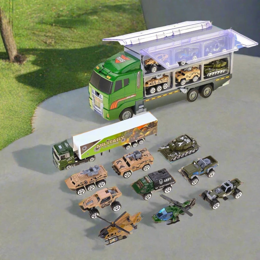 Car hauler toy truck with removable toy cars including helicopters and military vehicles.