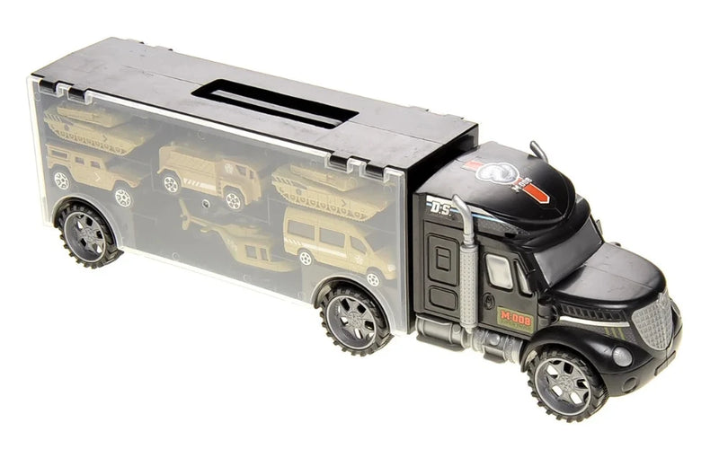 Toy car transporter loaded with army vehicles, ideal for transporting military toys.