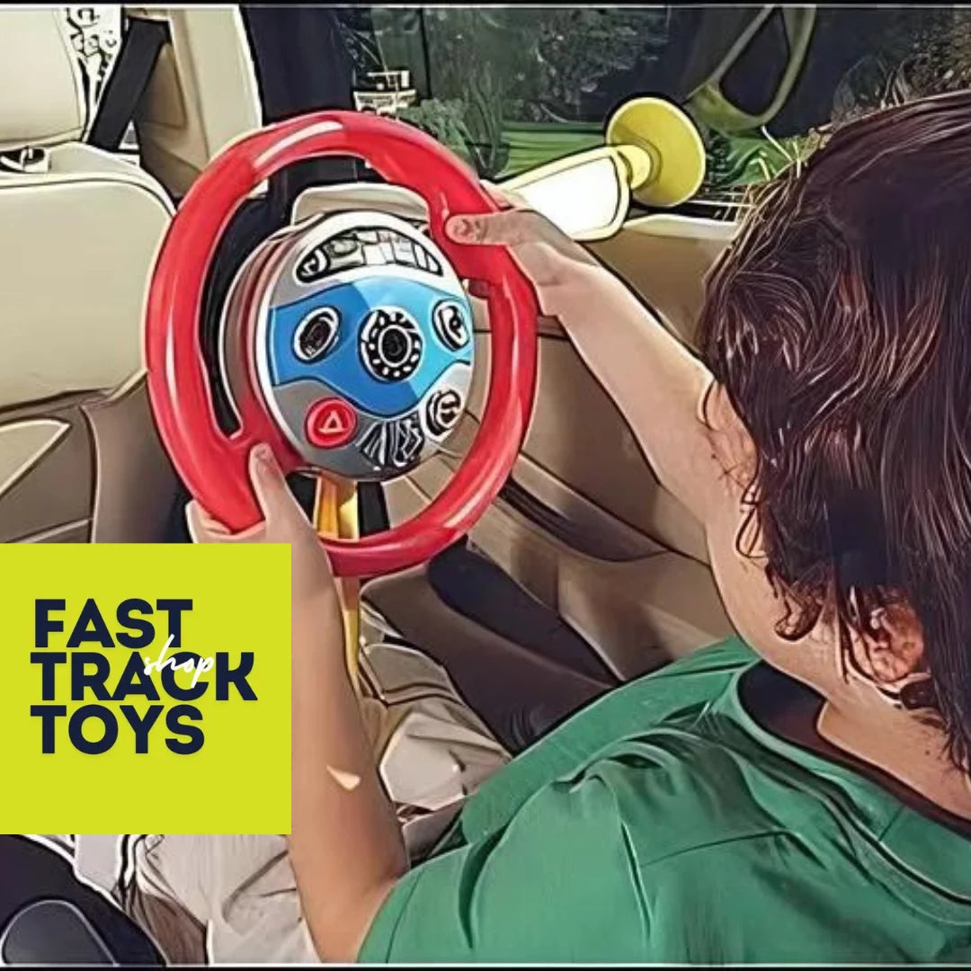 Child playing with Casdon Electronic Backseat Driver toy during a road trip