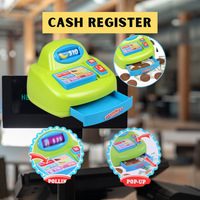 Cash register toy from kids supermarket playset, including pretend coins and scanner.