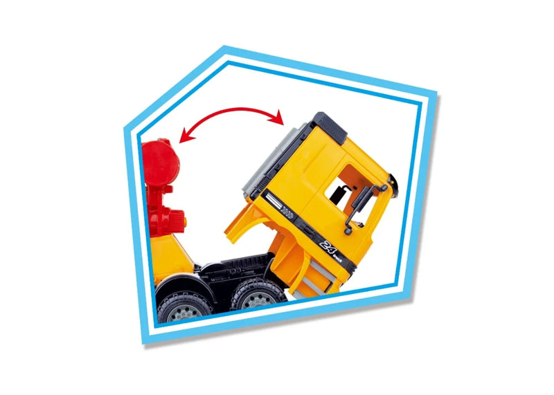Yellow cement mixer toy truck with tilting cabin for realistic construction play.

