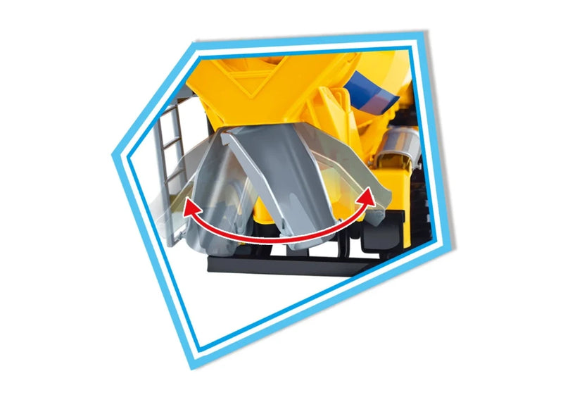 Cement mixer truck toy with adjustable spout, perfect for pretend concrete pouring.