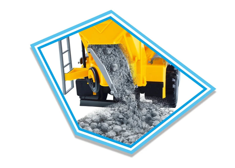 Cement mixer toy truck in action, pouring out simulated concrete for realistic construction fun.