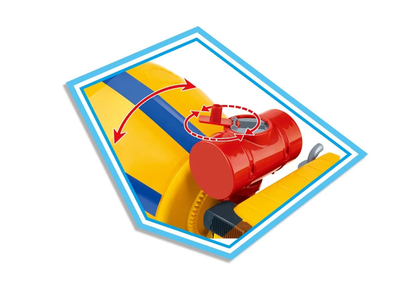Close-up of the cement mixer toy truck's rotating drum handle, designed for interactive play.
