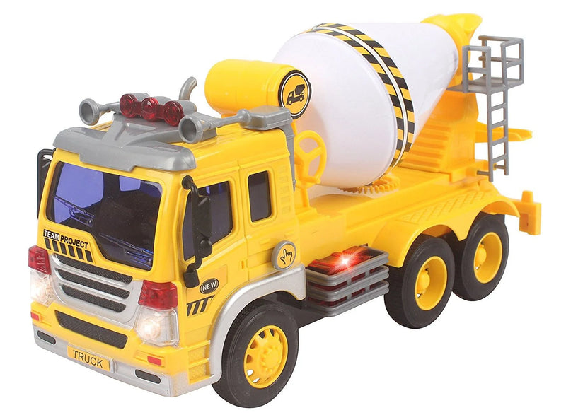 Front view of the yellow cement mixer truck toy with realistic mixer barrel design, perfect for kids' construction play