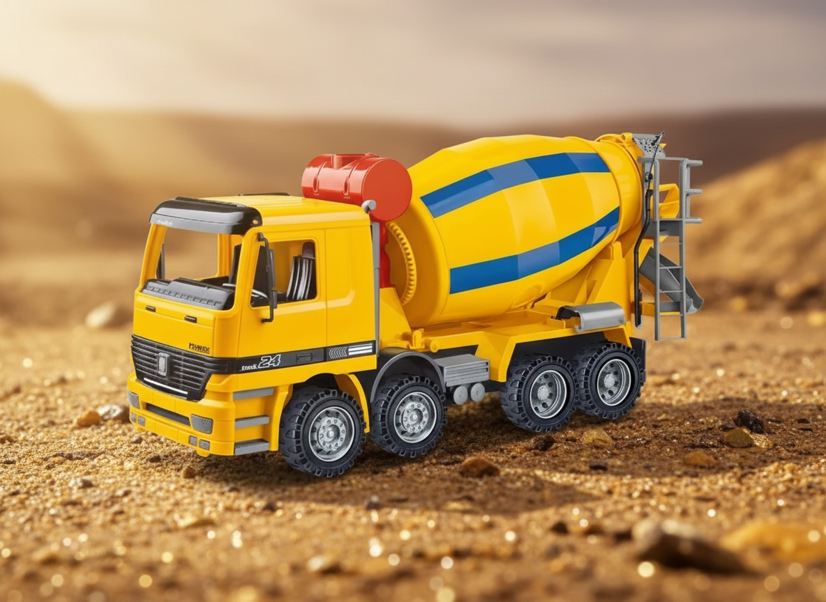 Toy cement mixer truck on a sandy background