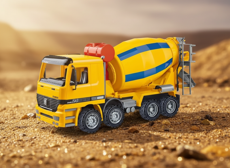 Toy cement mixer truck on a sandy background