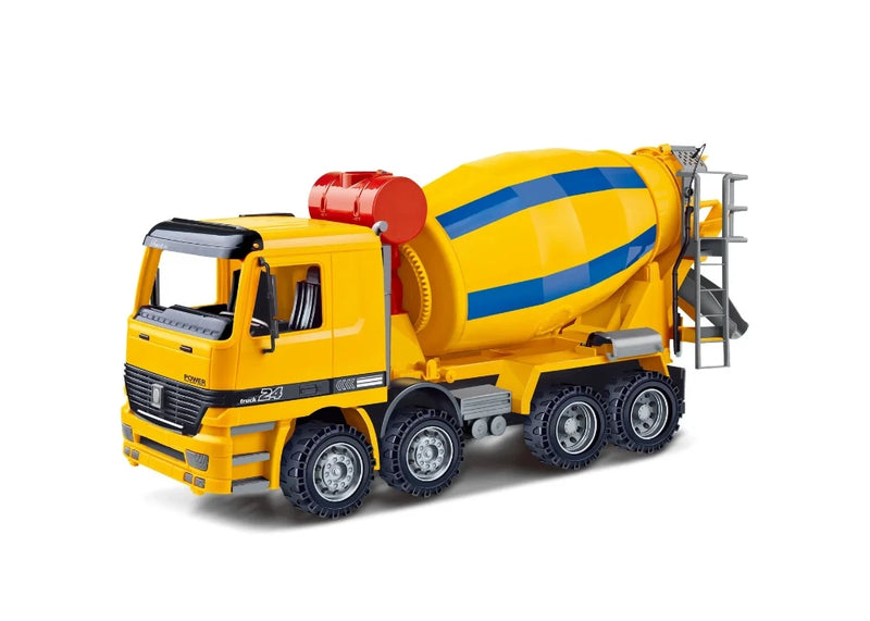 Yellow cement mixer truck toy with detailed mixer drum and sturdy wheels, ideal for kids' construction play.
