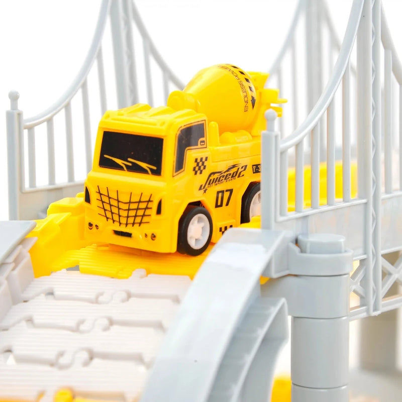 Detailed view of a cement truck on the bridge, part of the Construction Race Track Set for kids