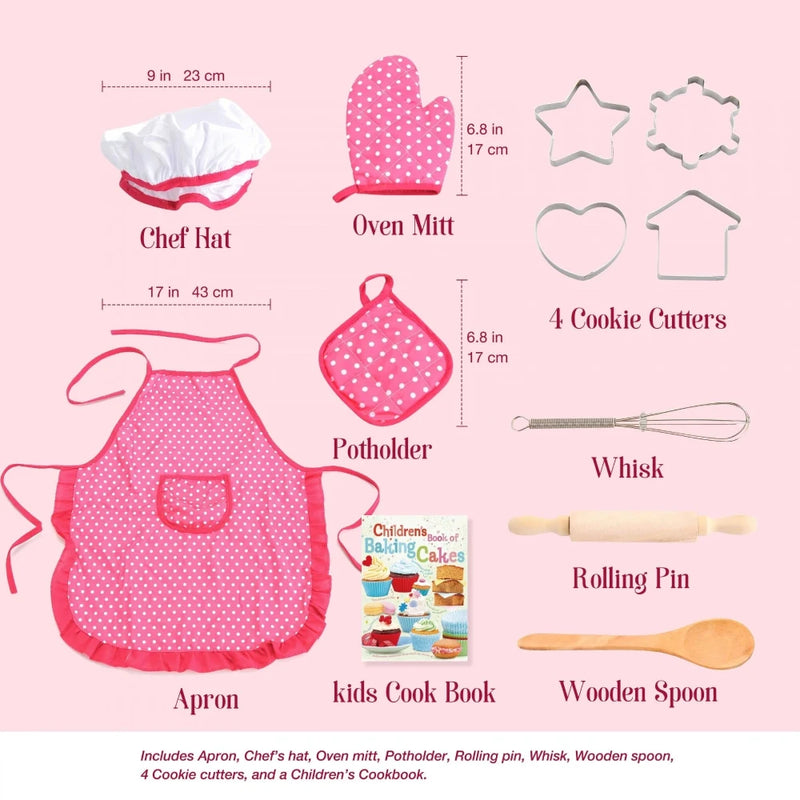 Chef costume set for kids with apron, chef hat, oven mitt, potholder, and kitchen tools for role play.
