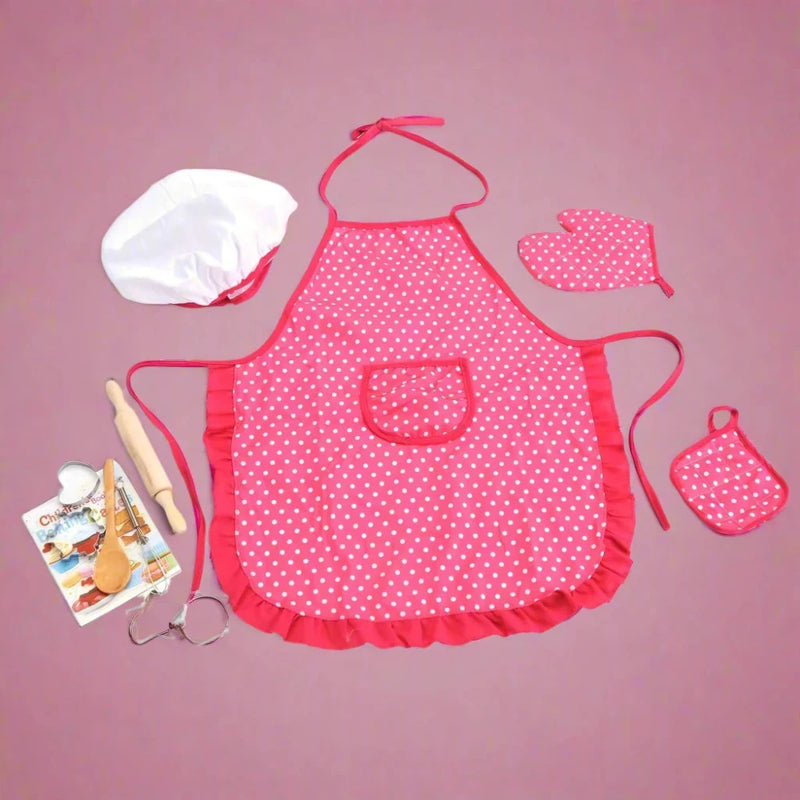 Chef role play outfit for kids, includes apron, chef hat, mitt, and cooking tools for imaginative play