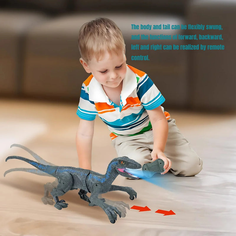 A child enjoying a dinosaur remote control toy that moves and lights up.