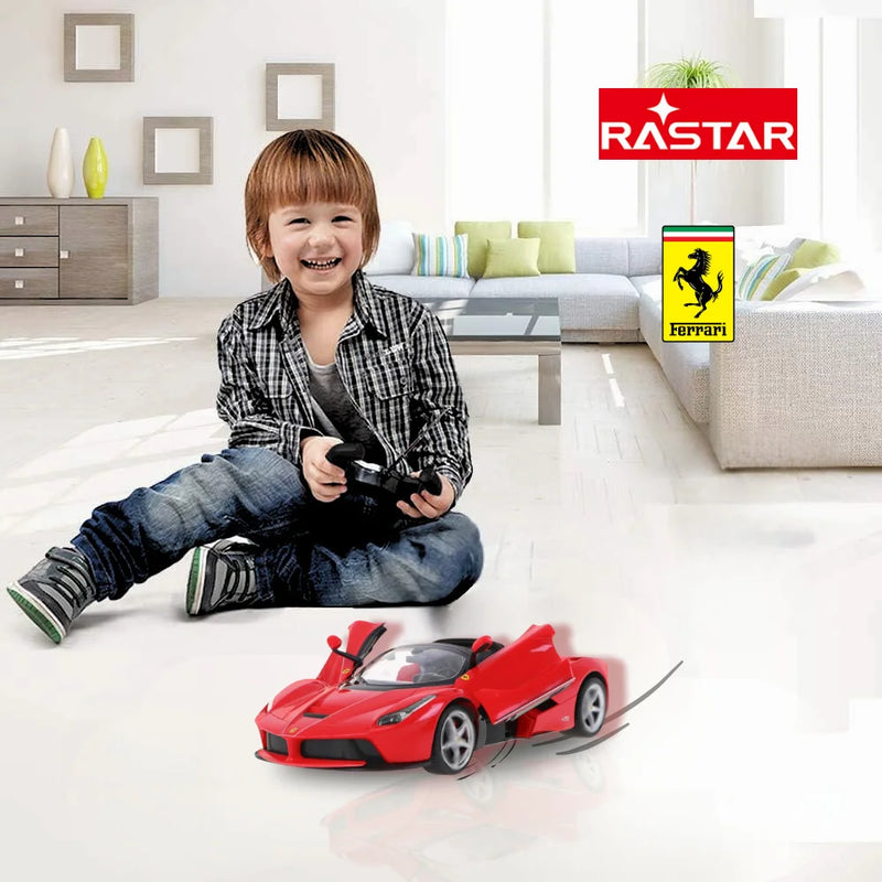 Smiling child playing with Ferrari LaFerrari RC car indoors