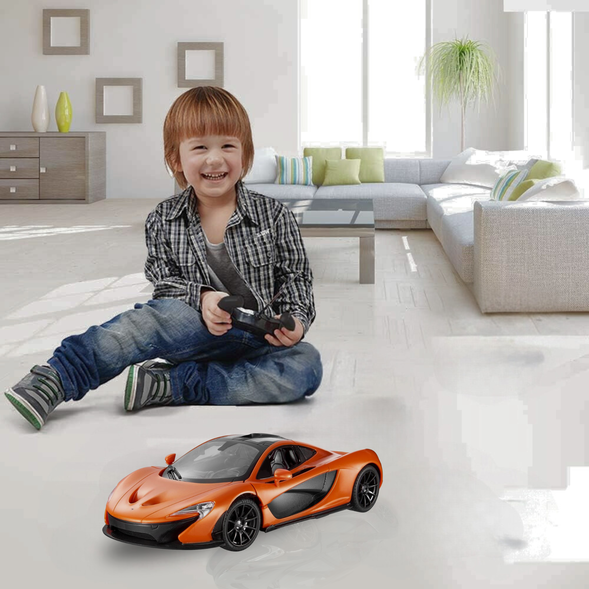 Child Playing with Orange McLaren P1 RC Car in Living Room