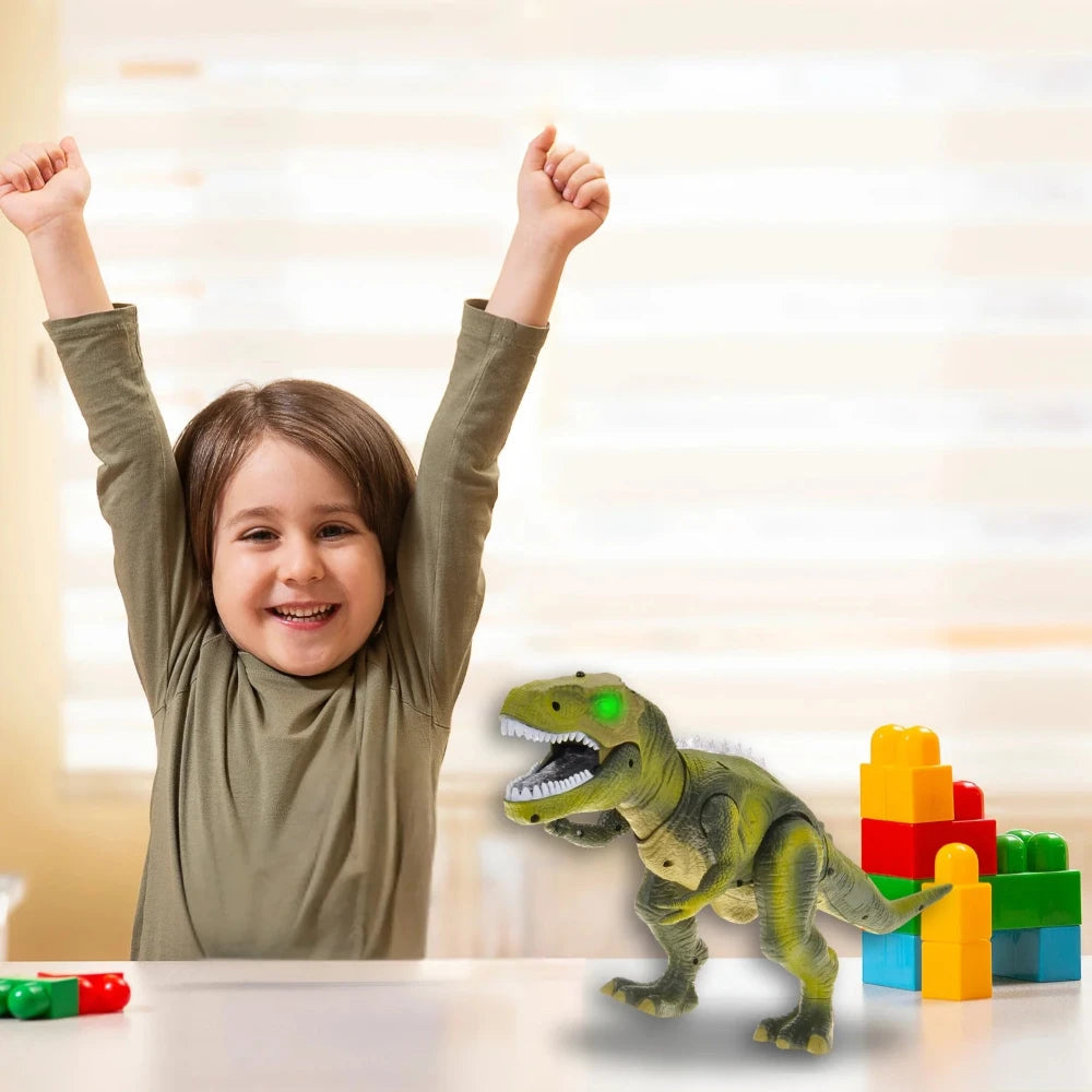 Smiling child enjoying playtime with a remote-control T-Rex dinosaur toy on a table