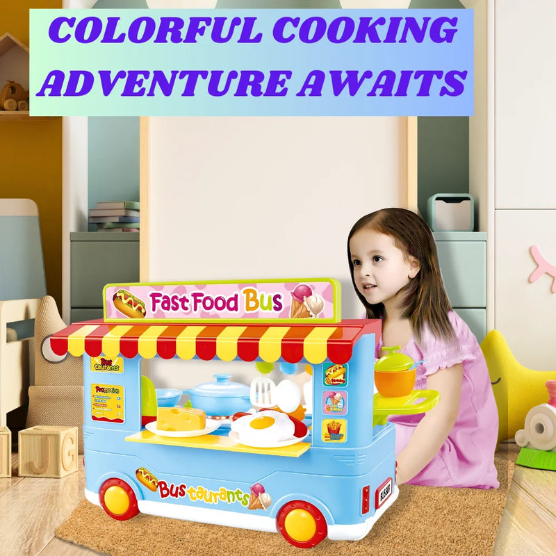 Young girl enjoying the fast food bus toy kitchen playset for imaginative cooking adventures.
