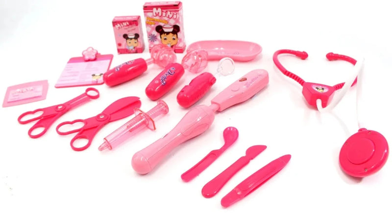 Pink children’s doctor play set with medical accessories like stethoscope, syringe, and medical kit tools for imaginative play