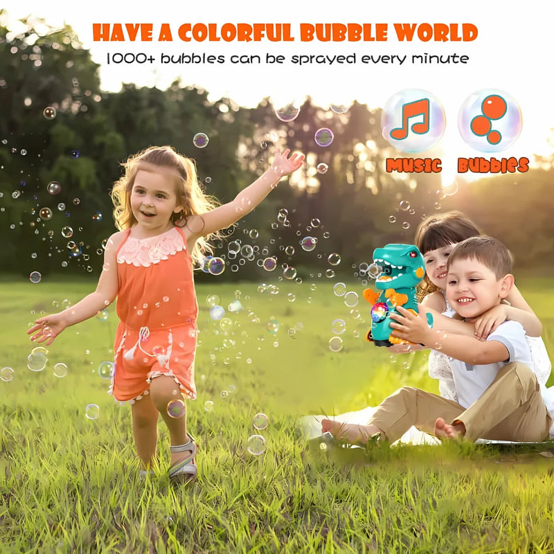 Children enjoying a dinosaur bubble machine in the park, creating a magical bubble-filled world with music.