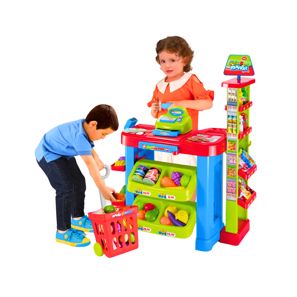 Children engaged in pretend play with a colorful supermarket playset and cash register.