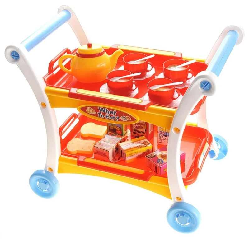 Children's tea party play cart set with teapot, cups, and pretend boxed food items for imaginative play