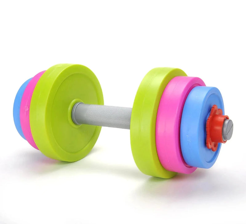 Kids' toy dumbbell with colorful weights for engaging pretend play, ideal for introducing fitness and physical activity