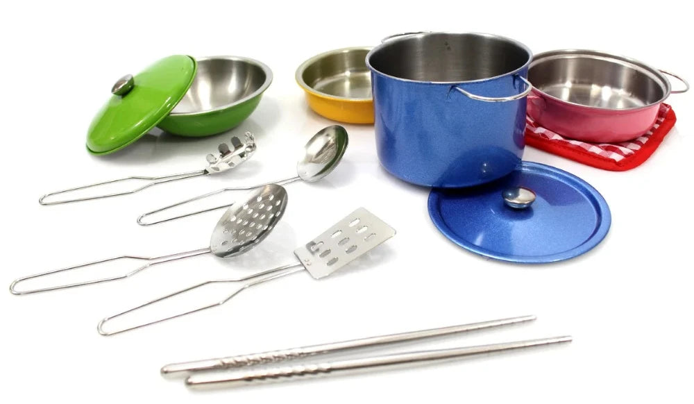Complete children’s toy kitchen utensils set with colorful pots, pans, and cooking tools, ideal for pretend play and role-playing fun