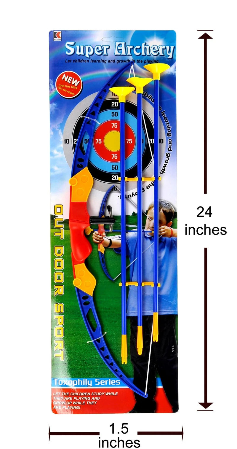 Children’s bow and arrow toy set in original packaging, labeled as ‘Super Archery’ with suction cup arrows and target board.