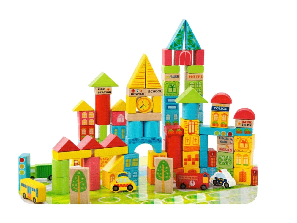 Children's wooden building blocks arranged to create a vibrant cityscape with various buildings, trees, and toy vehicles for imaginative play