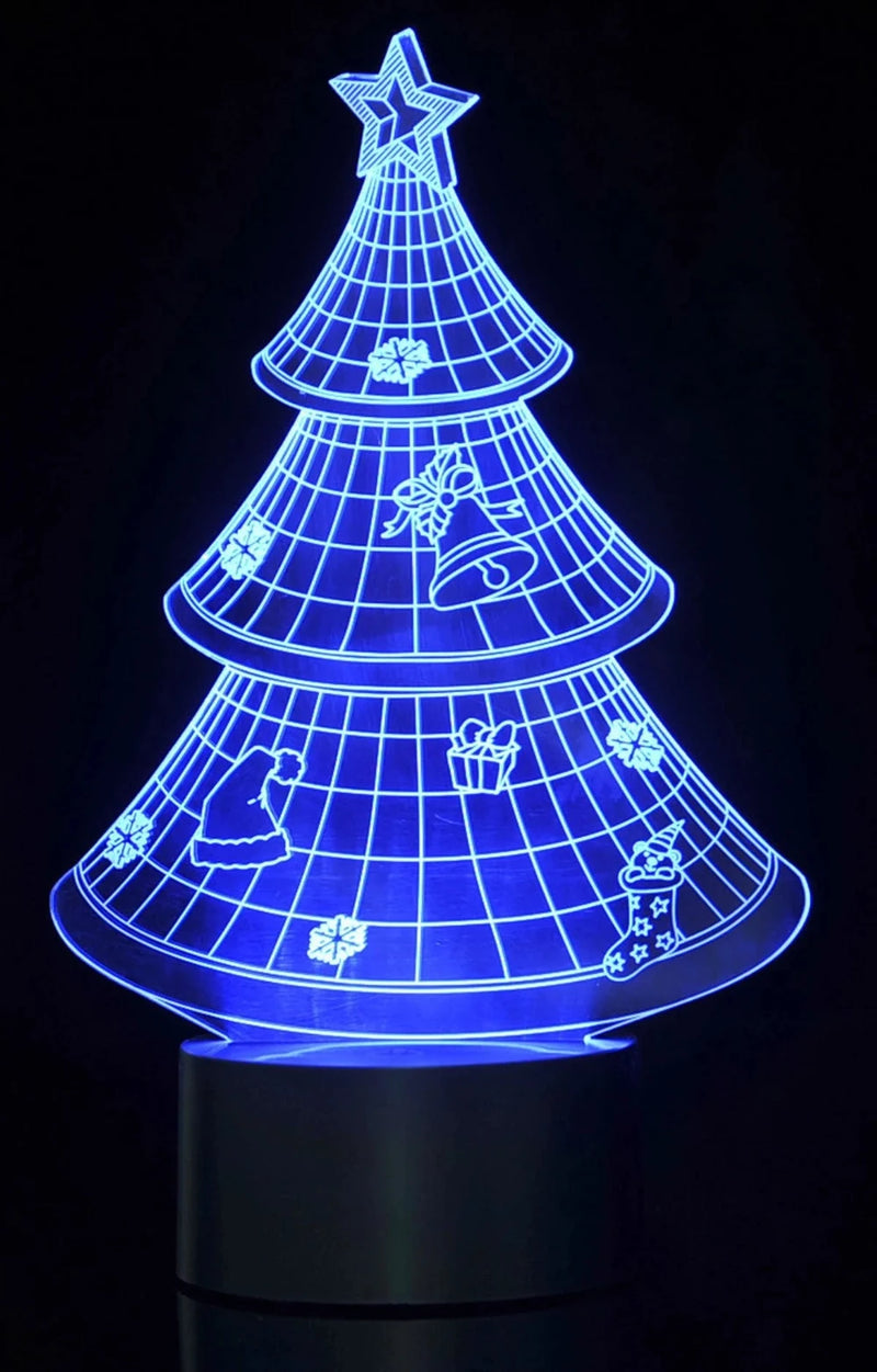Bright blue 3D Christmas tree LED light with star top, detailed with holiday motifs like bells and gifts