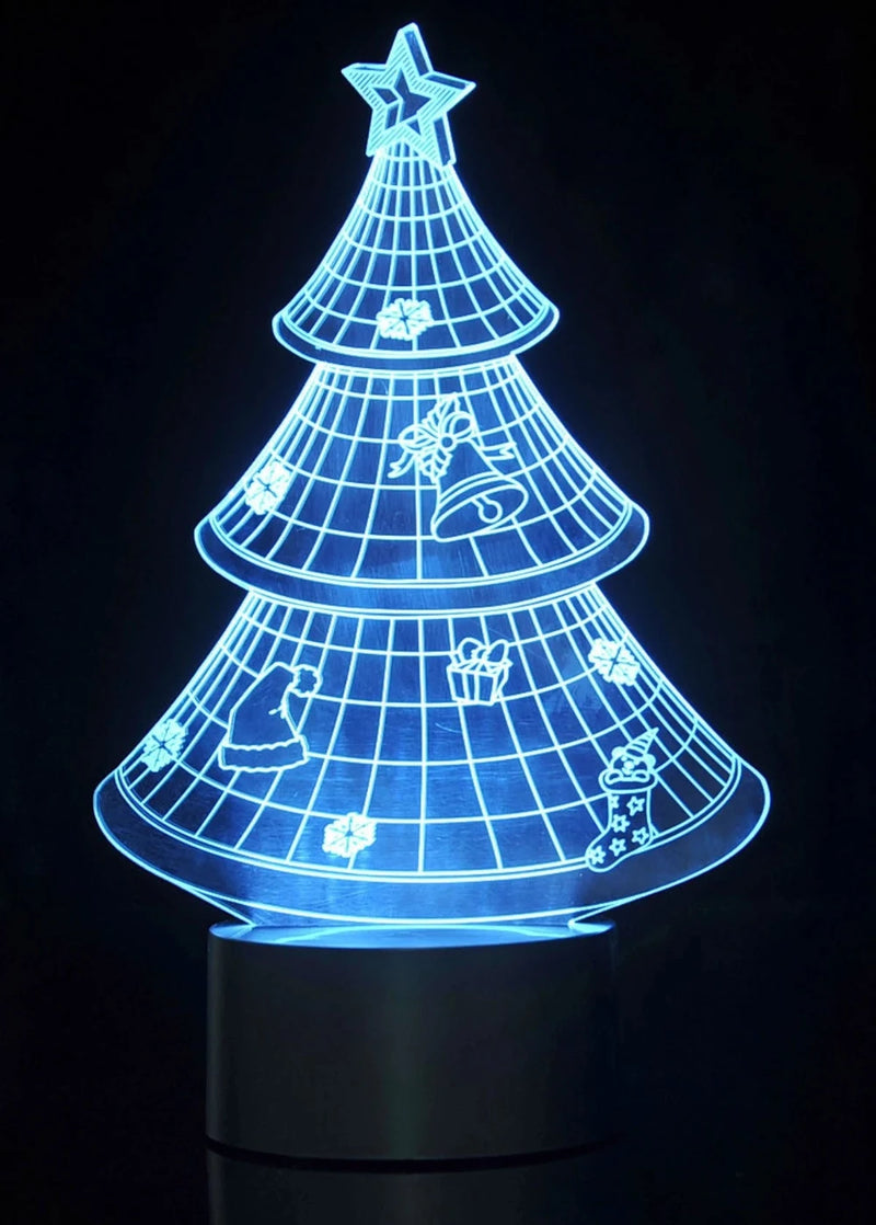 3D Christmas tree LED light glowing in blue, featuring festive holiday icons like bells, presents, and stars