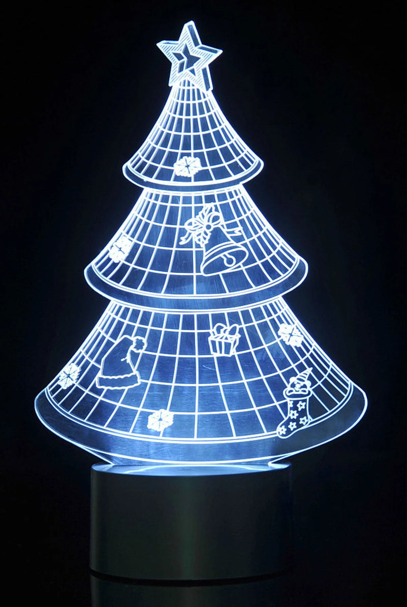 3D Christmas tree LED light glowing in white, featuring holiday decorations like gifts and stocking